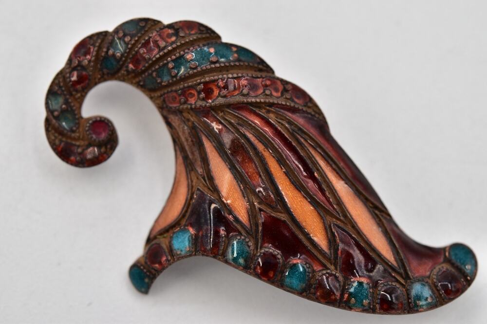 Vintage Enamel Cap Hat Brooch Teal Rust Copper Tone Fall Figural Pin 1940s BinBI